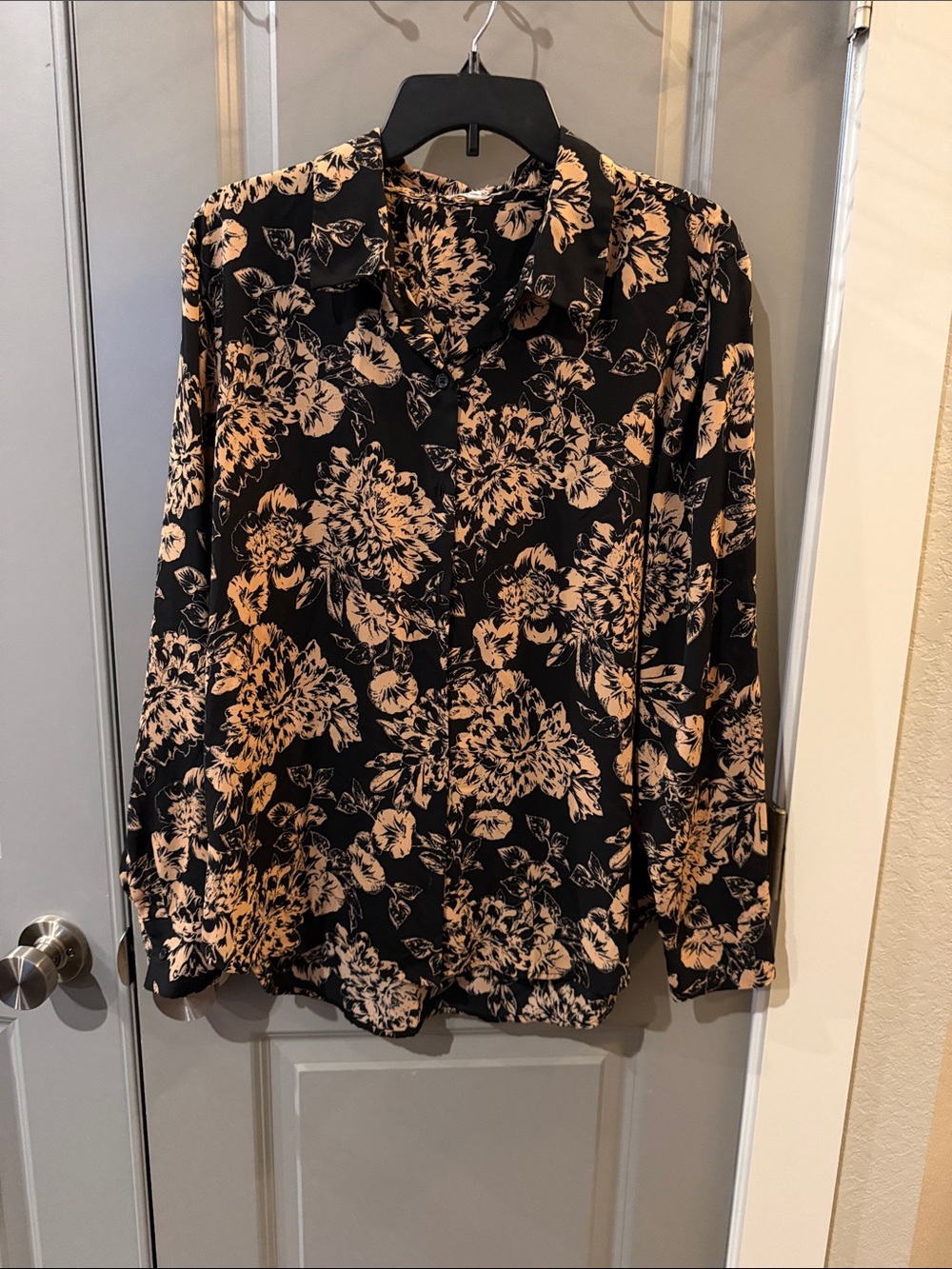 Maurices Black Button-Down Shirt with Beige Floral Print